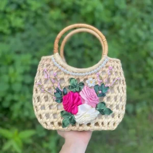 Handtasche Mit Rundem Griff Aus Schilf-Faser