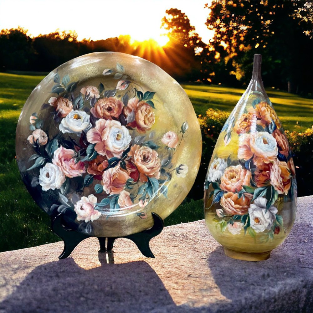 Handbemalter floraler Dekoteller – Vintage-Kunstfertigkeit (3)